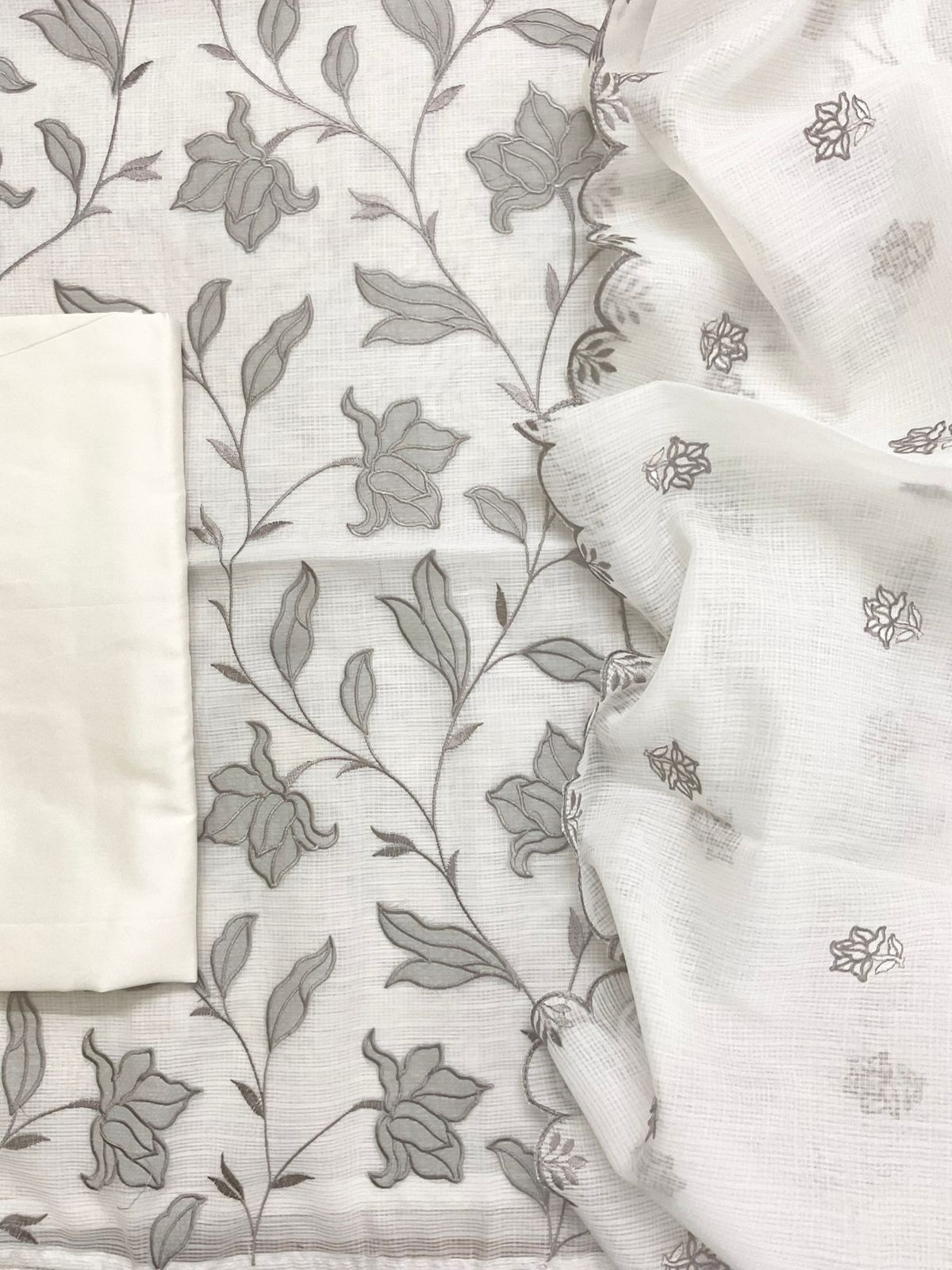 Soft Kota Silk Embroidered Suit - Off White