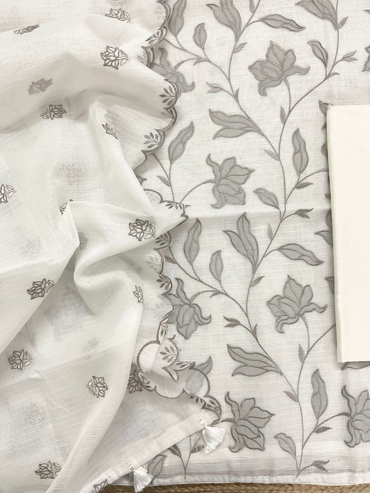Soft Kota Silk Embroidered Suit - Off White