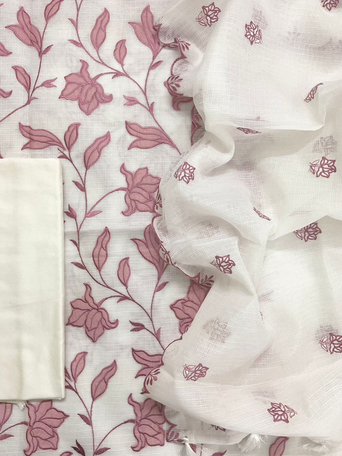 Soft Kota Silk Embroidered Suit - Off White