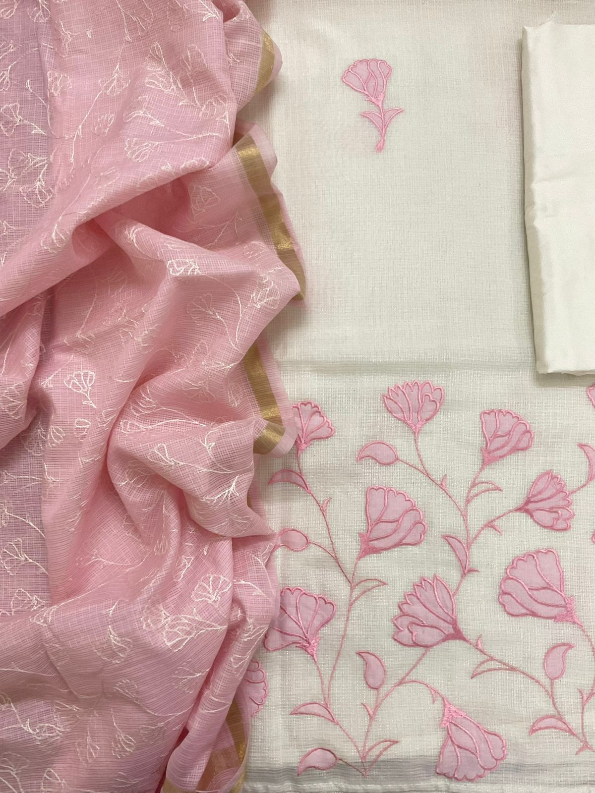 Soft Kota Silk Embroidered Suit - Off White