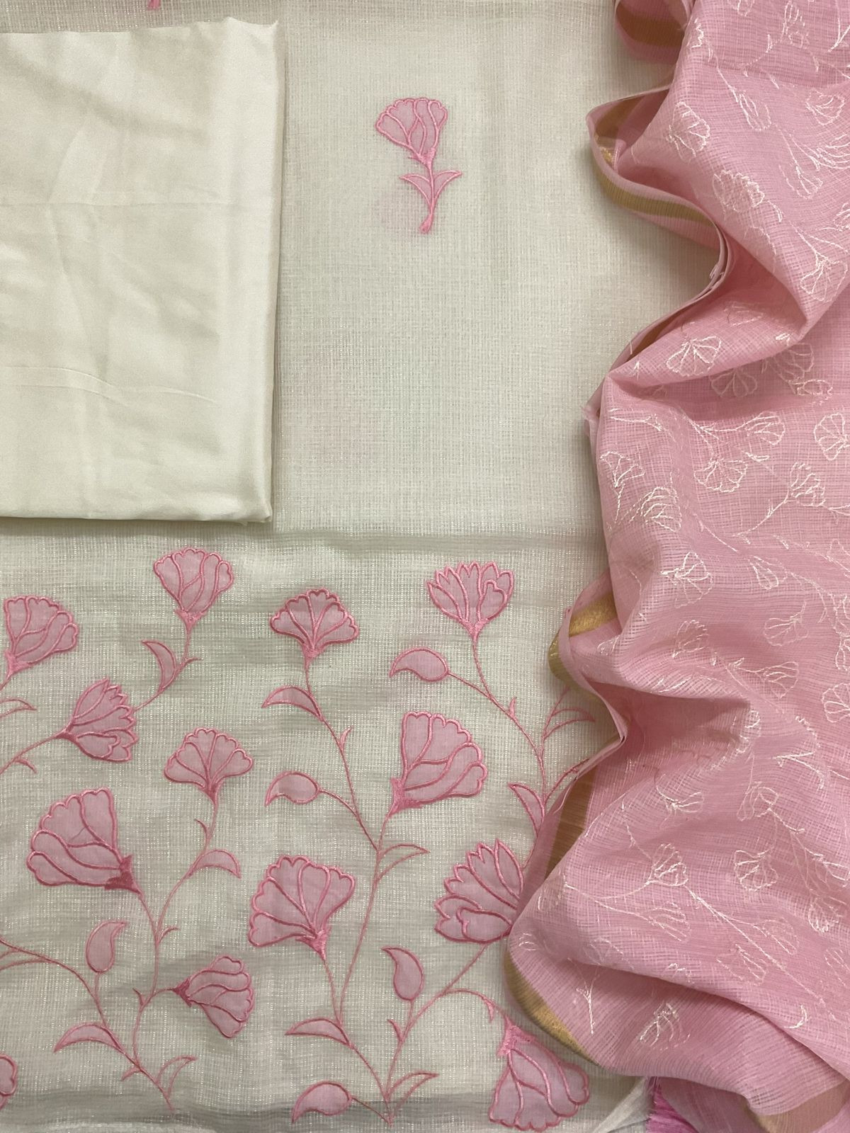 Soft Kota Silk Embroidered Suit - Off White