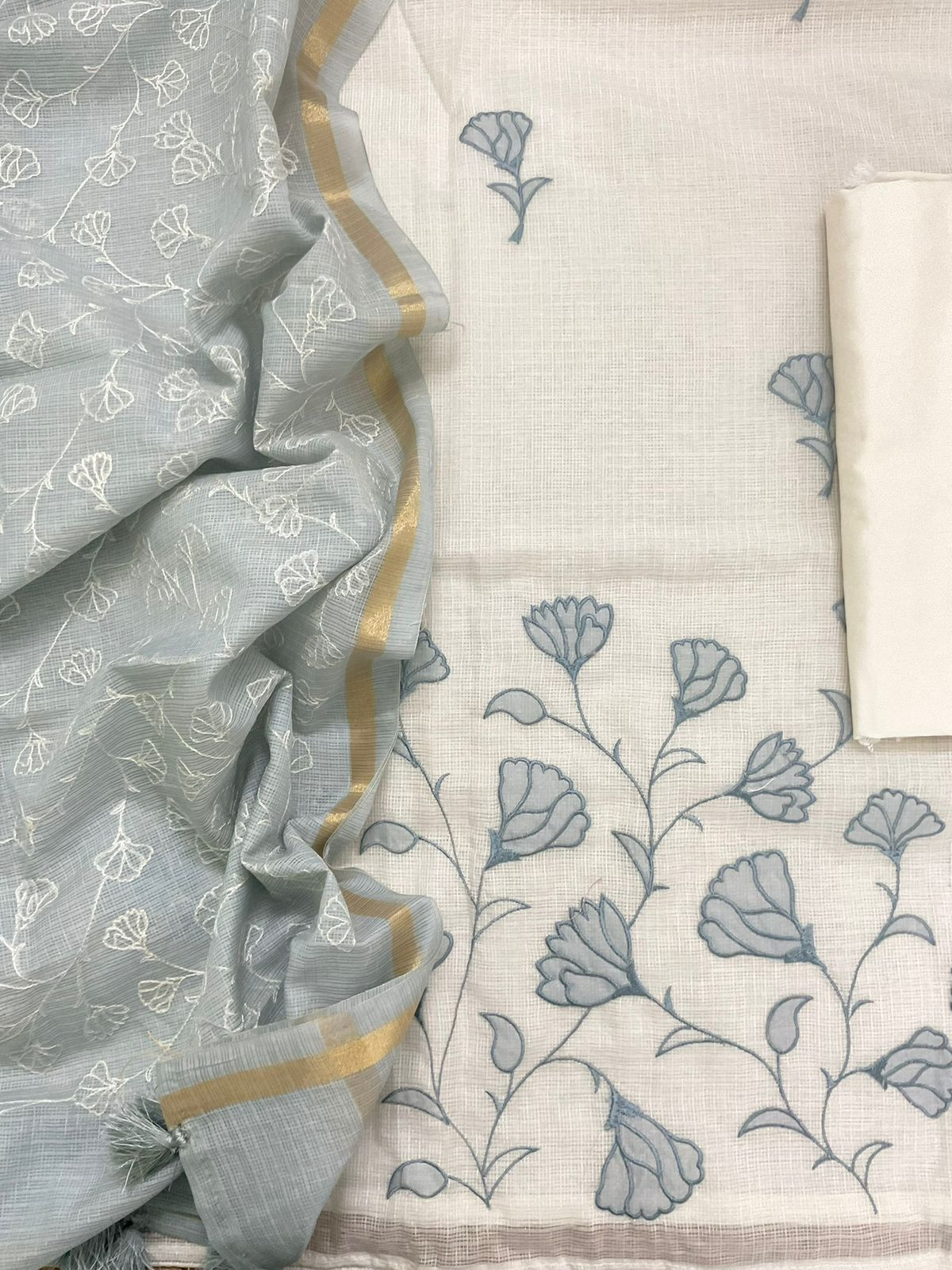 Soft Kota Silk Embroidered Suit - Off White