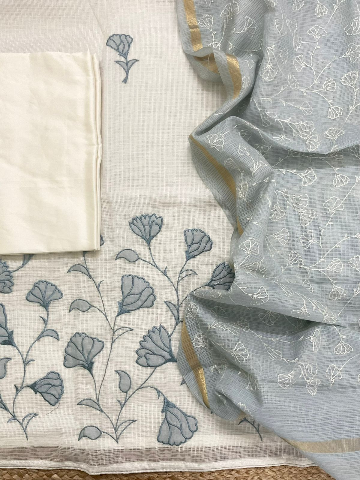 Soft Kota Silk Embroidered Suit - Off White