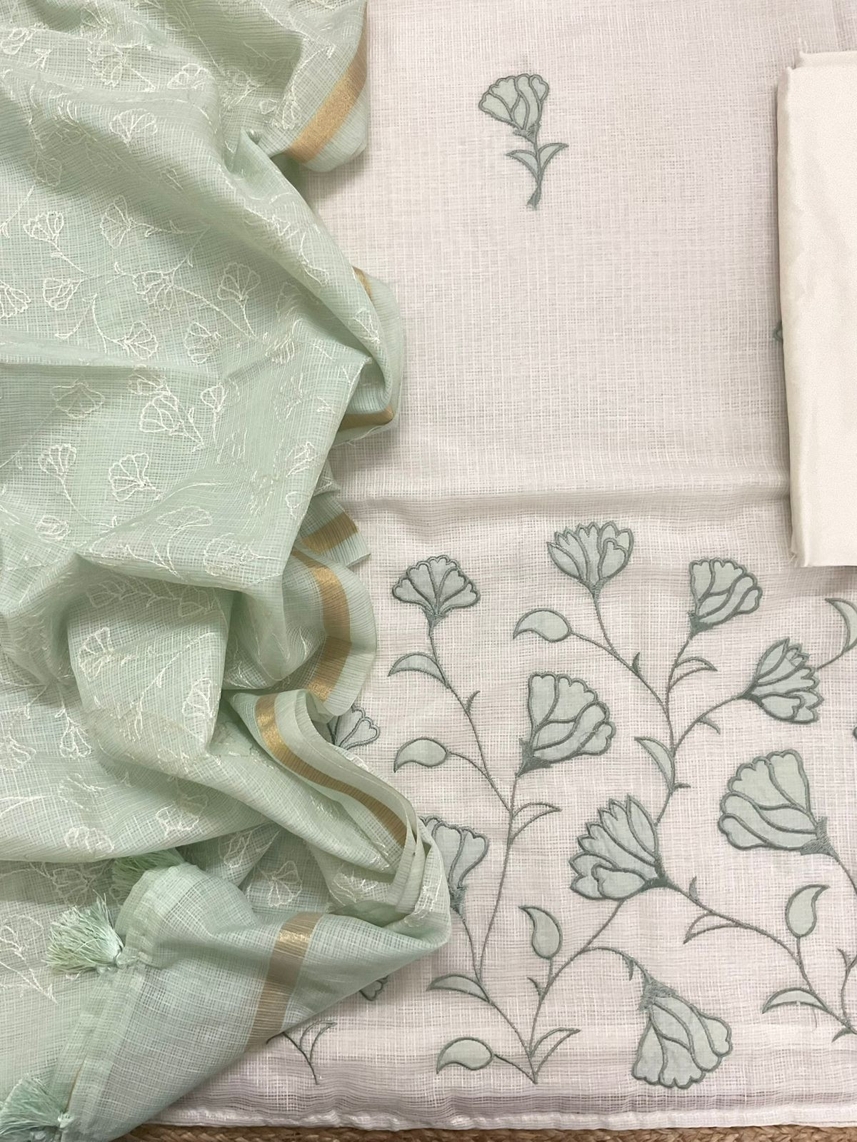 Soft Kota Silk Embroidered Suit - Off White