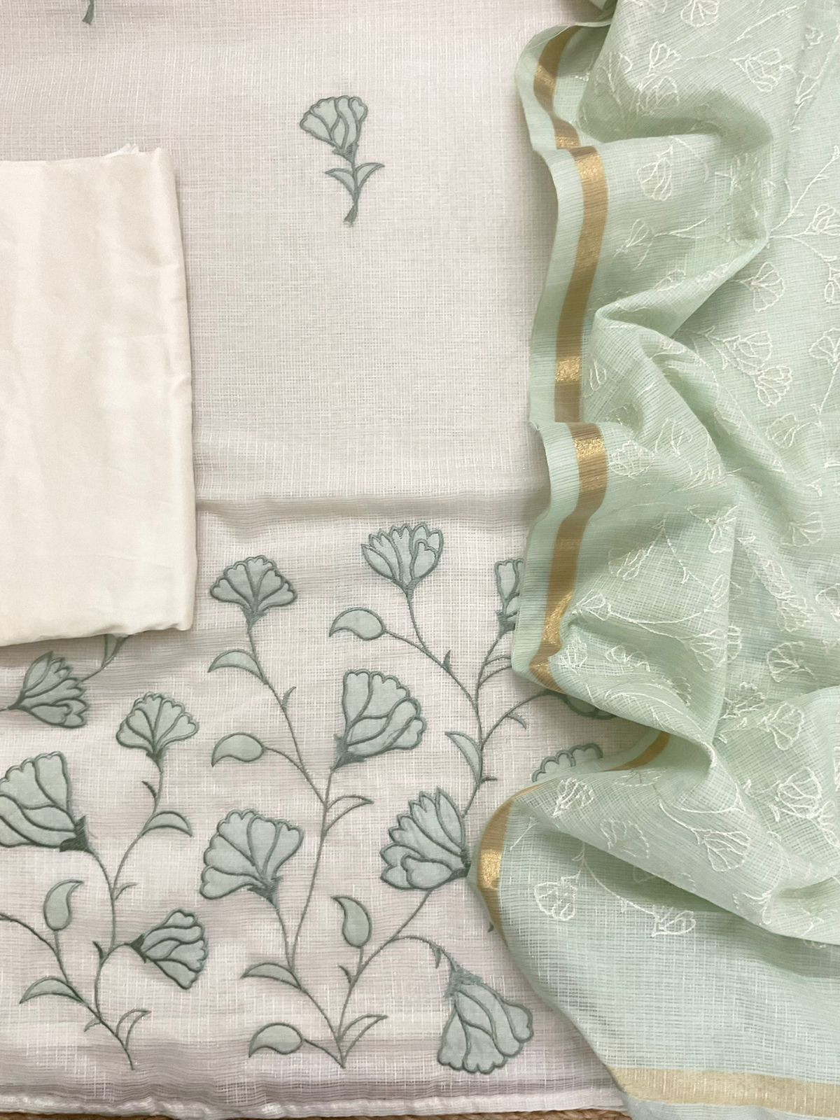 Soft Kota Silk Embroidered Suit - Off White