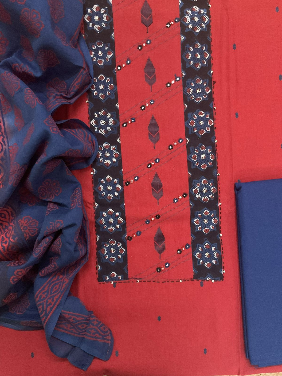 Pure Handloom Cotton Self Weaved Printed Embroidered Suit - Red