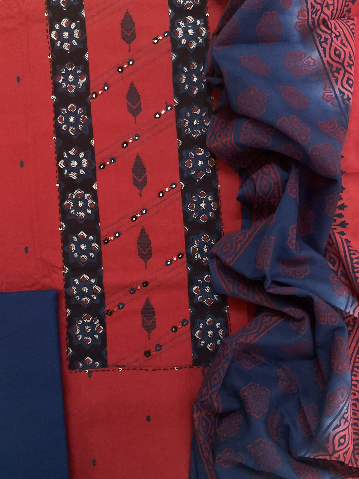 Pure Handloom Cotton Self Weaved Printed Embroidered Suit - Red