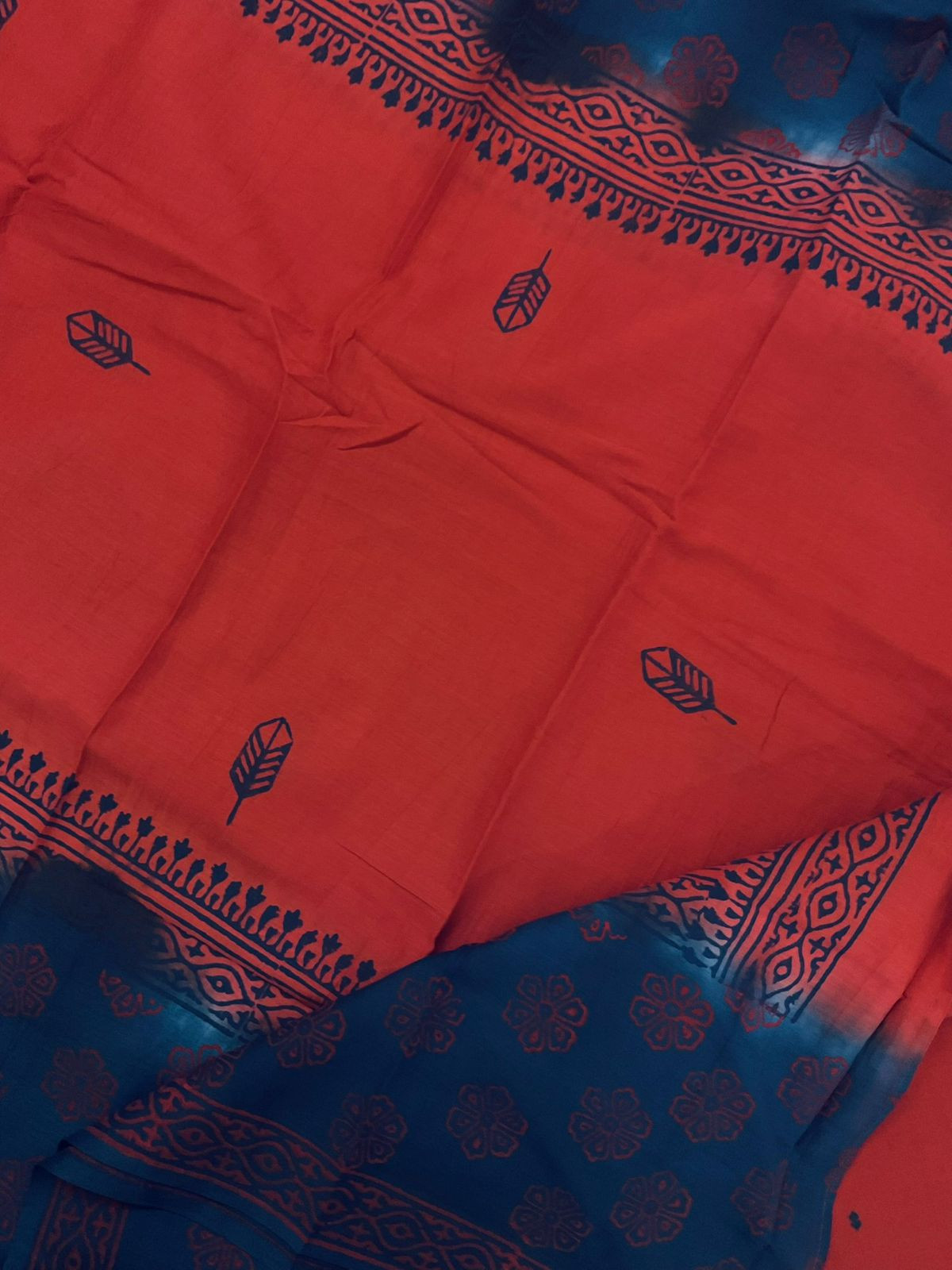 Pure Handloom Cotton Self Weaved Printed Embroidered Suit - Red