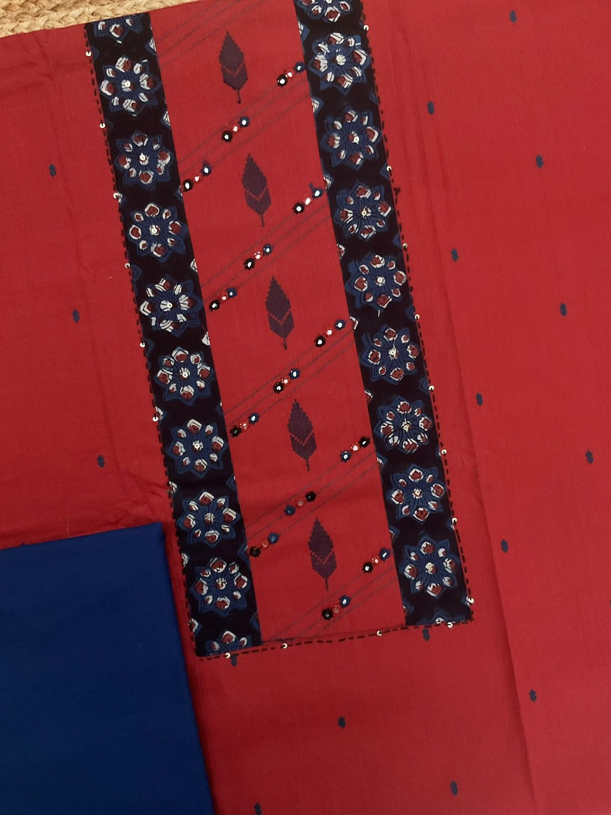 Pure Handloom Cotton Self Weaved Printed Embroidered Suit - Red