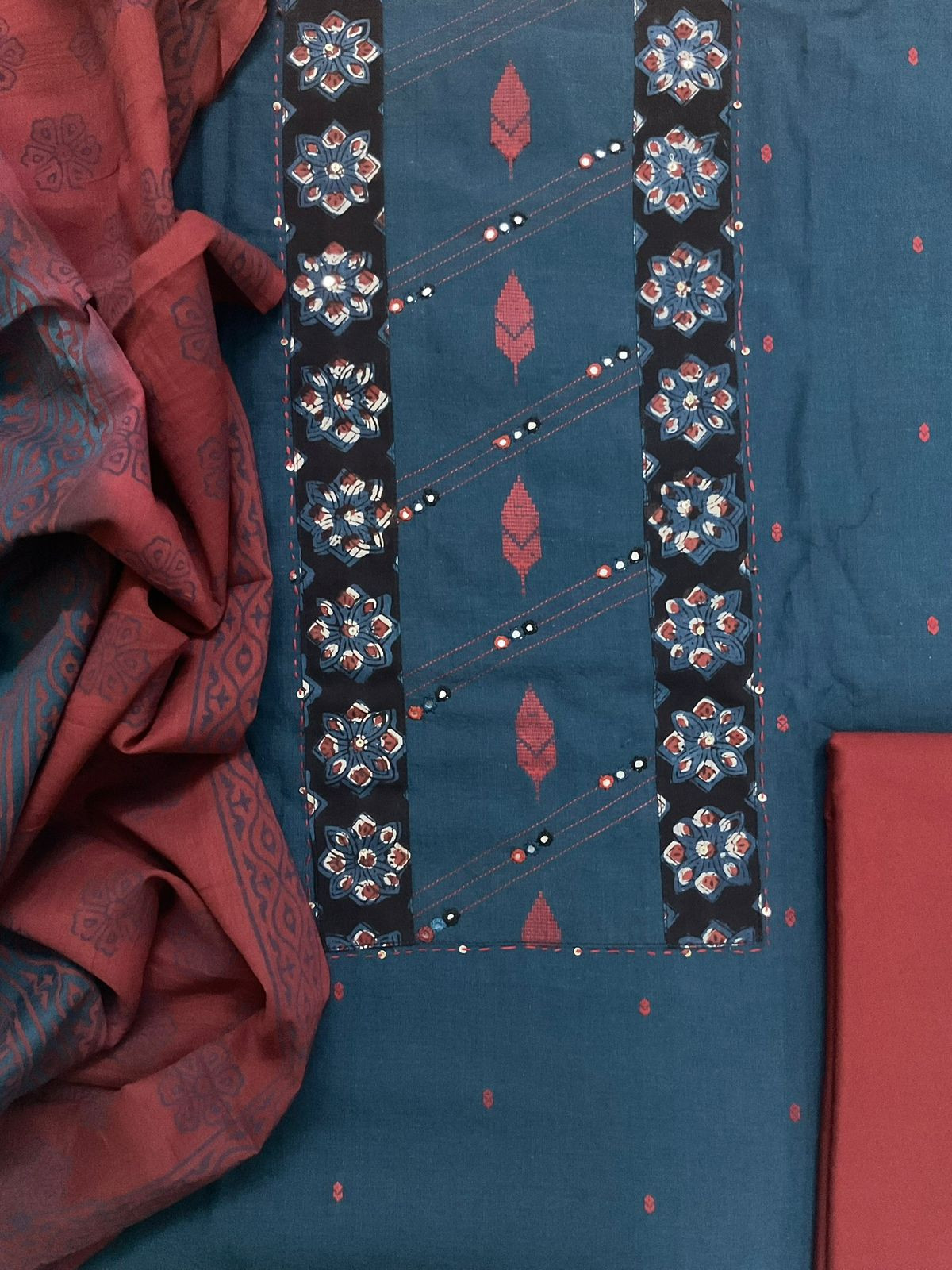 Pure Handloom Cotton Self Weaved Printed Embroidered Suit - Blue