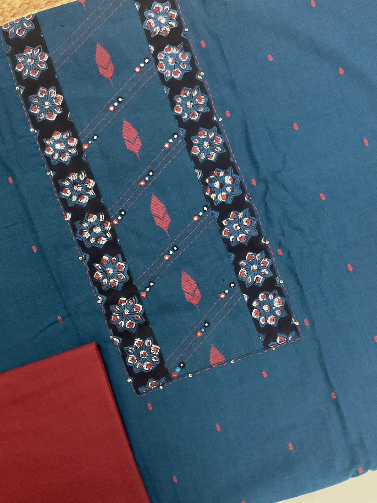 Pure Handloom Cotton Self Weaved Printed Embroidered Suit - Blue