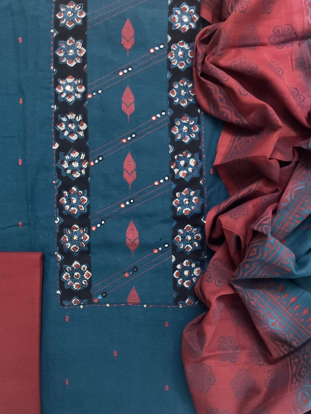 Pure Handloom Cotton Self Weaved Printed Embroidered Suit - Blue