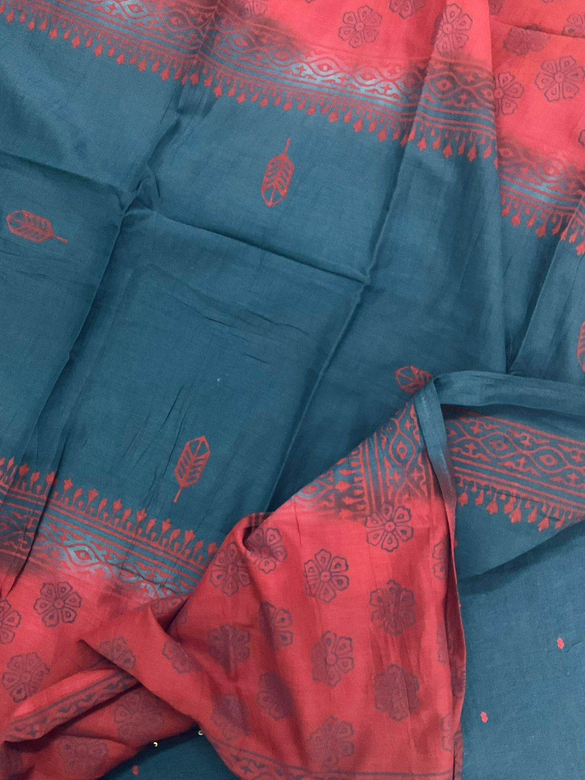 Pure Handloom Cotton Self Weaved Printed Embroidered Suit - Blue