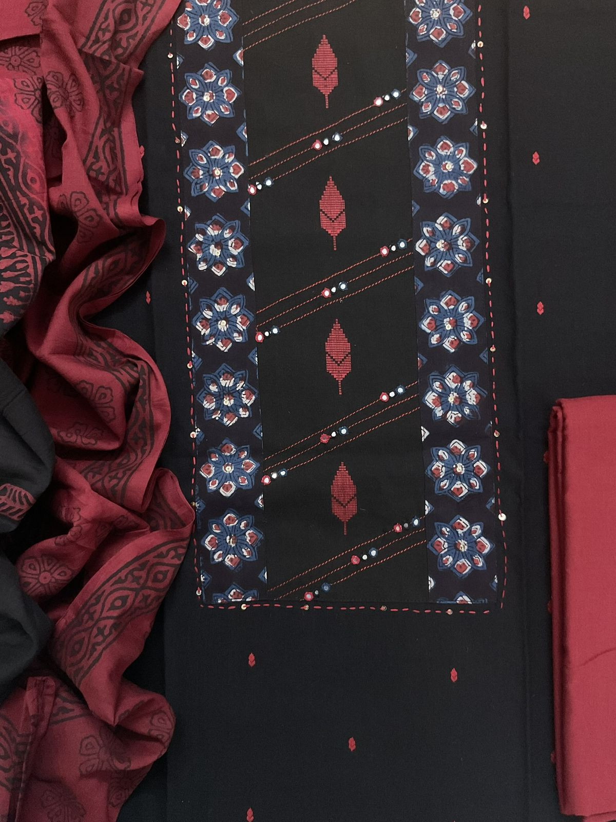 Pure Handloom Cotton Self Weaved Printed Embroidered Suit - Black