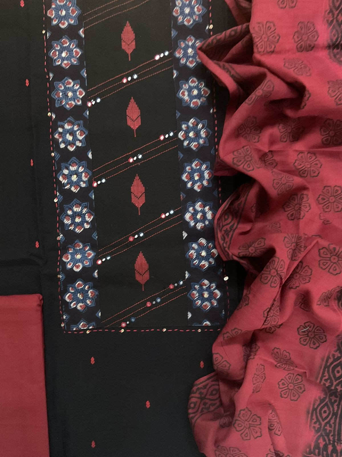 Pure Handloom Cotton Self Weaved Printed Embroidered Suit - Black