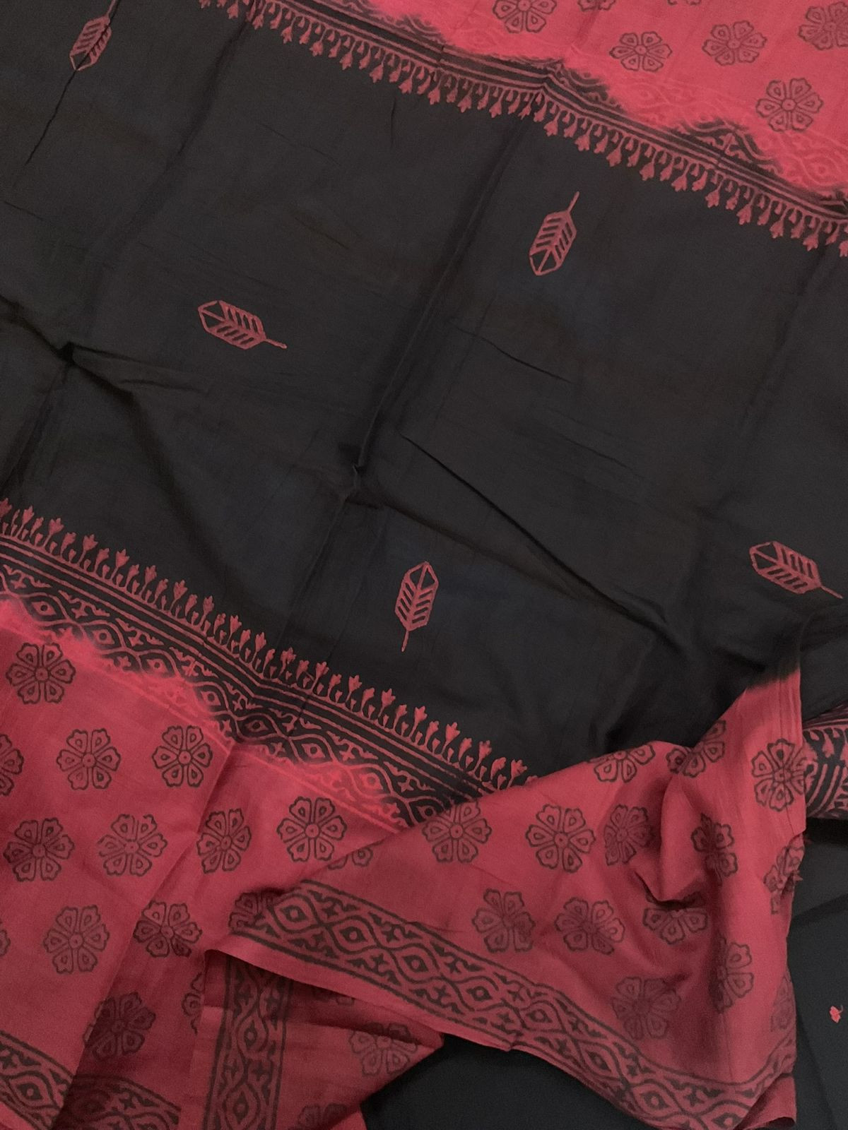 Pure Handloom Cotton Self Weaved Printed Embroidered Suit - Black