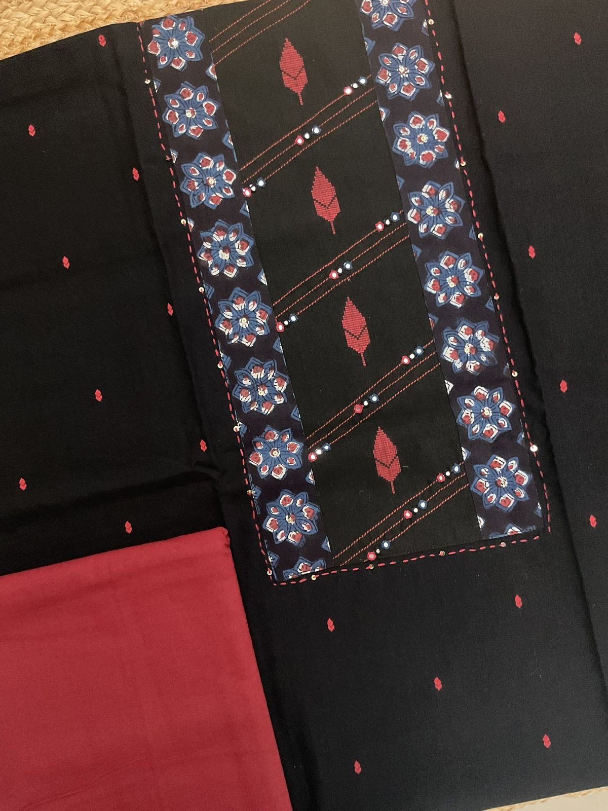 Pure Handloom Cotton Self Weaved Printed Embroidered Suit - Black