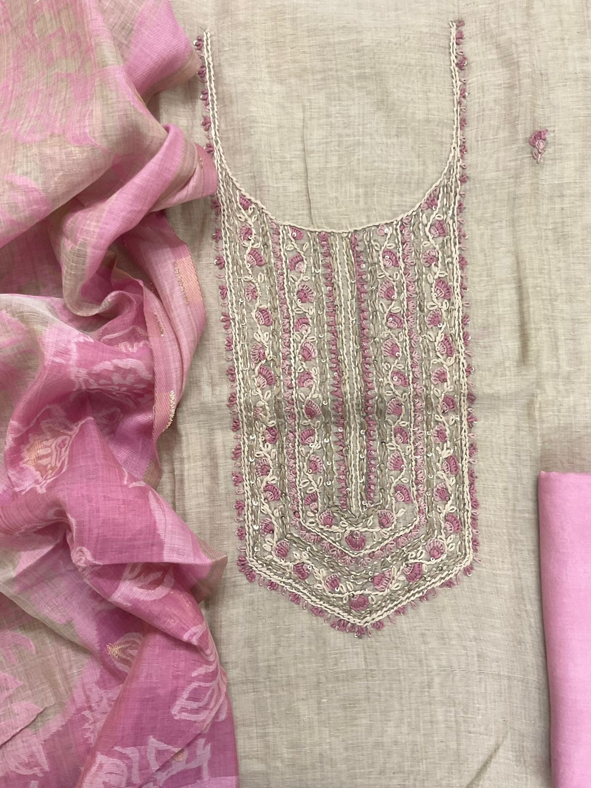 Soft Slub Chanderi Jamdani Weaved Embroidered Suit - Beige