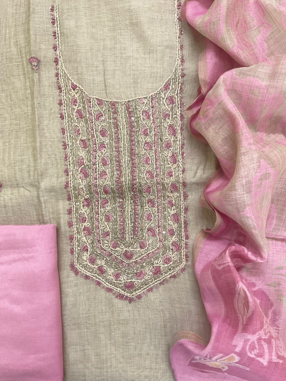 Soft Slub Chanderi Jamdani Weaved Embroidered Suit - Beige