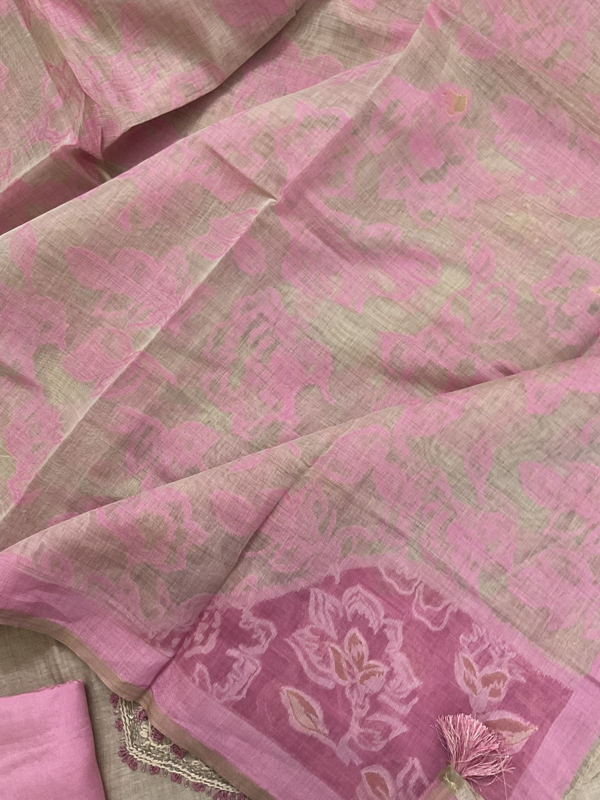 Soft Slub Chanderi Jamdani Weaved Embroidered Suit - Beige