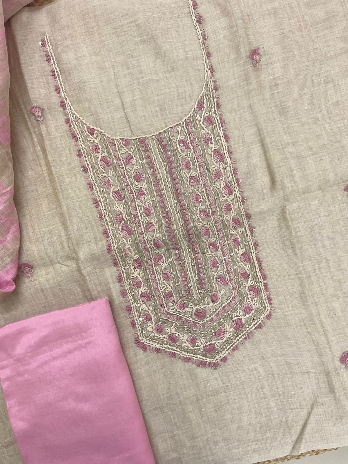 Soft Slub Chanderi Jamdani Weaved Embroidered Suit - Beige