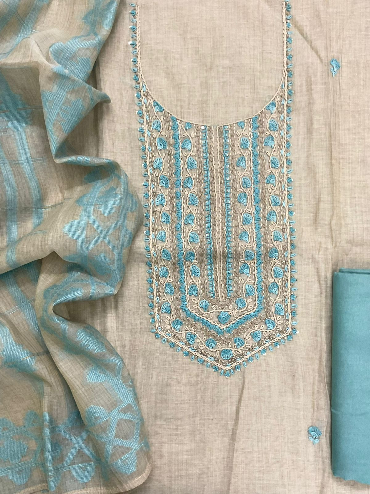 Soft Slub Chanderi Jamdani Weaved Embroidered Suit - Beige