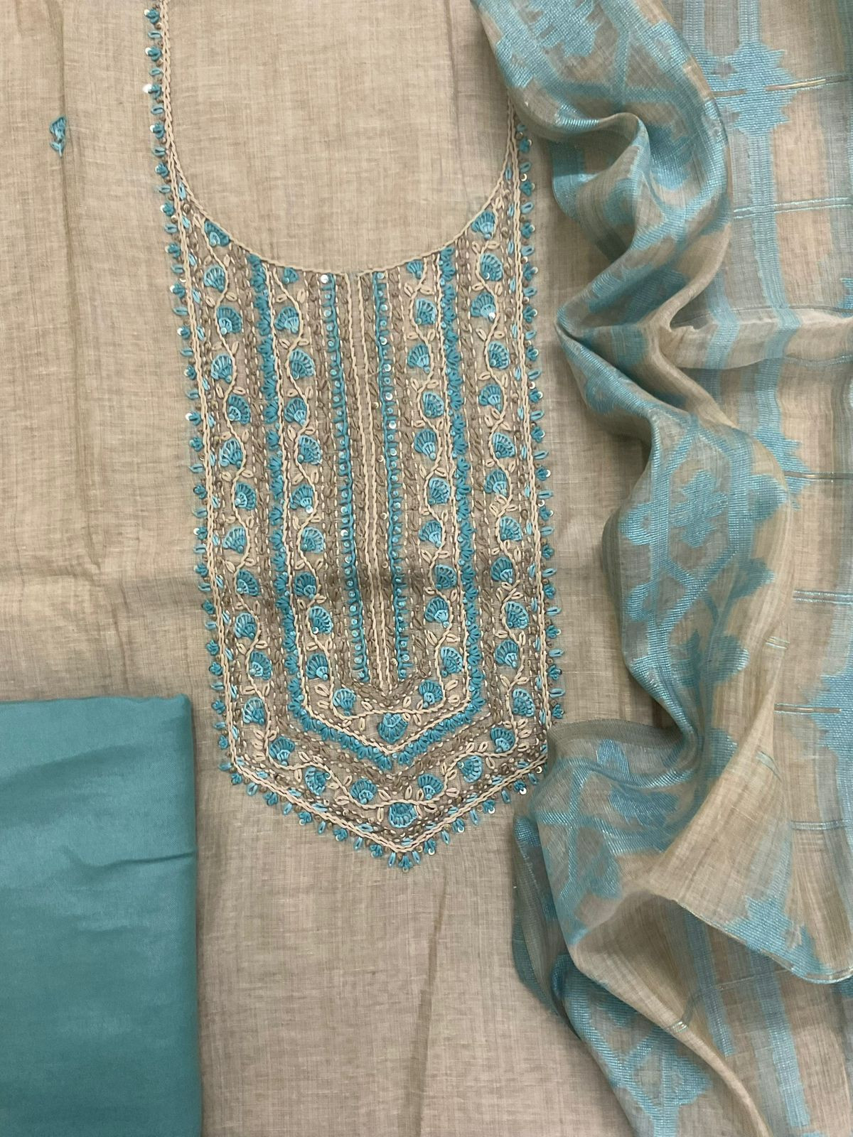 Soft Slub Chanderi Jamdani Weaved Embroidered Suit - Beige