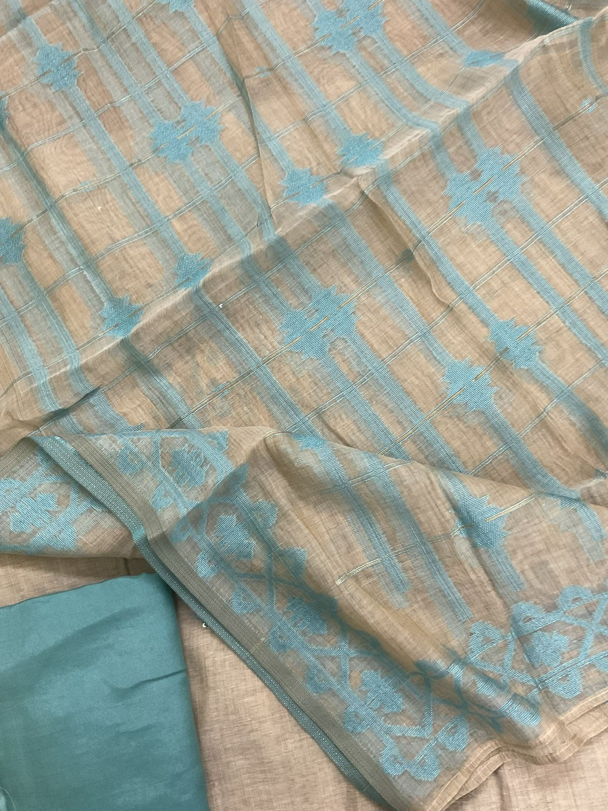 Soft Slub Chanderi Jamdani Weaved Embroidered Suit - Beige