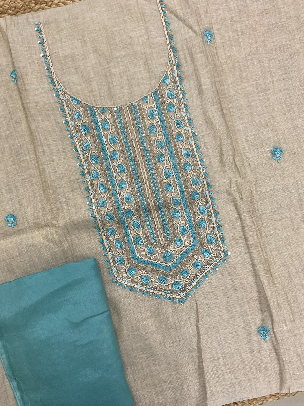 Soft Slub Chanderi Jamdani Weaved Embroidered Suit - Beige