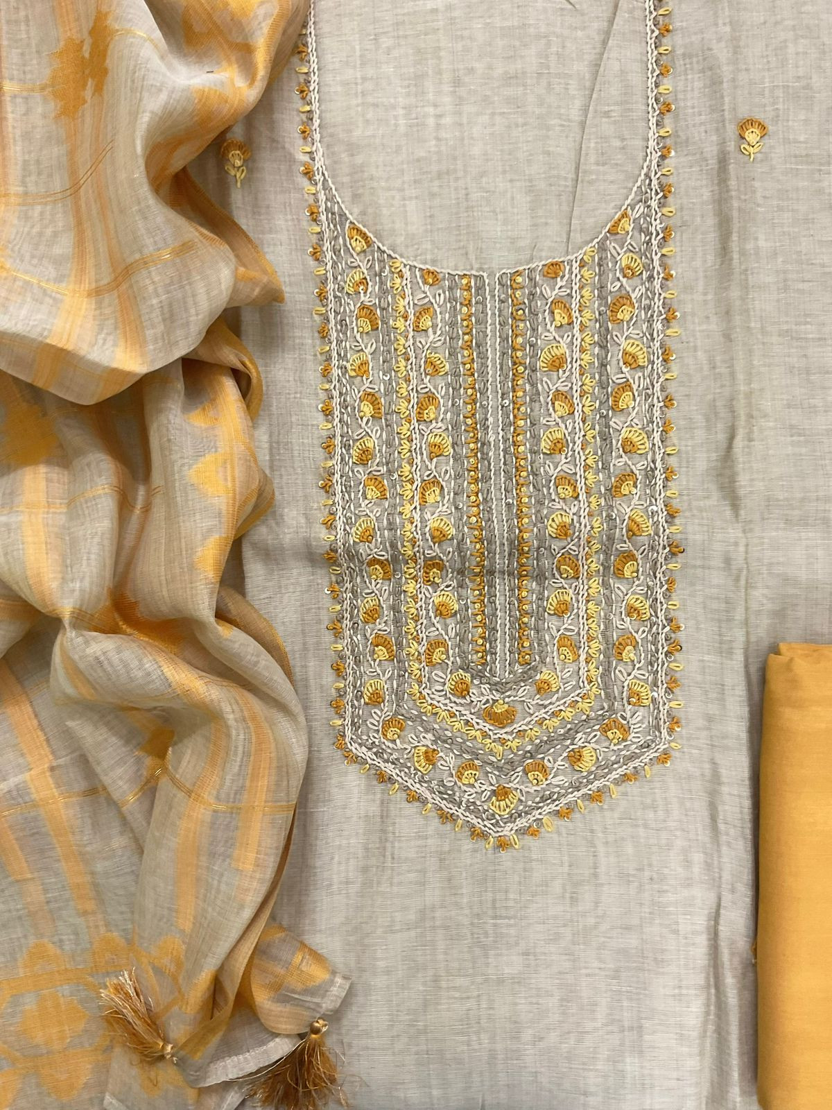 Soft Slub Chanderi Jamdani Weaved Embroidered Suit - Beige