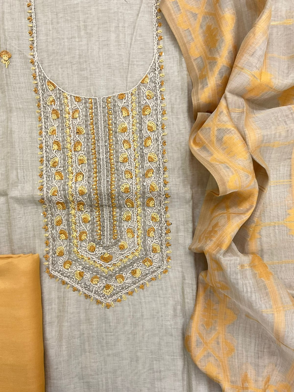 Soft Slub Chanderi Jamdani Weaved Embroidered Suit - Beige