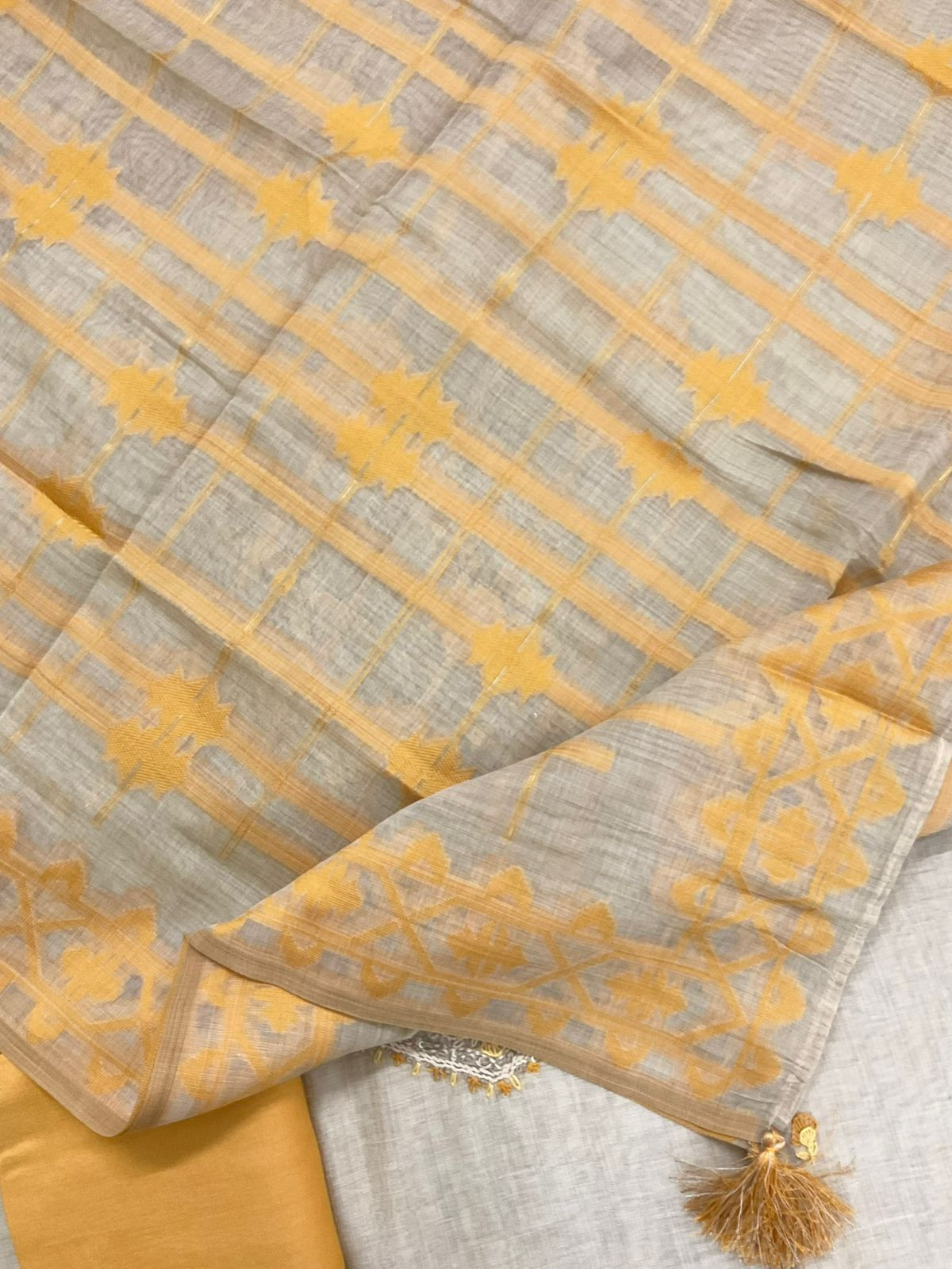 Soft Slub Chanderi Jamdani Weaved Embroidered Suit - Beige