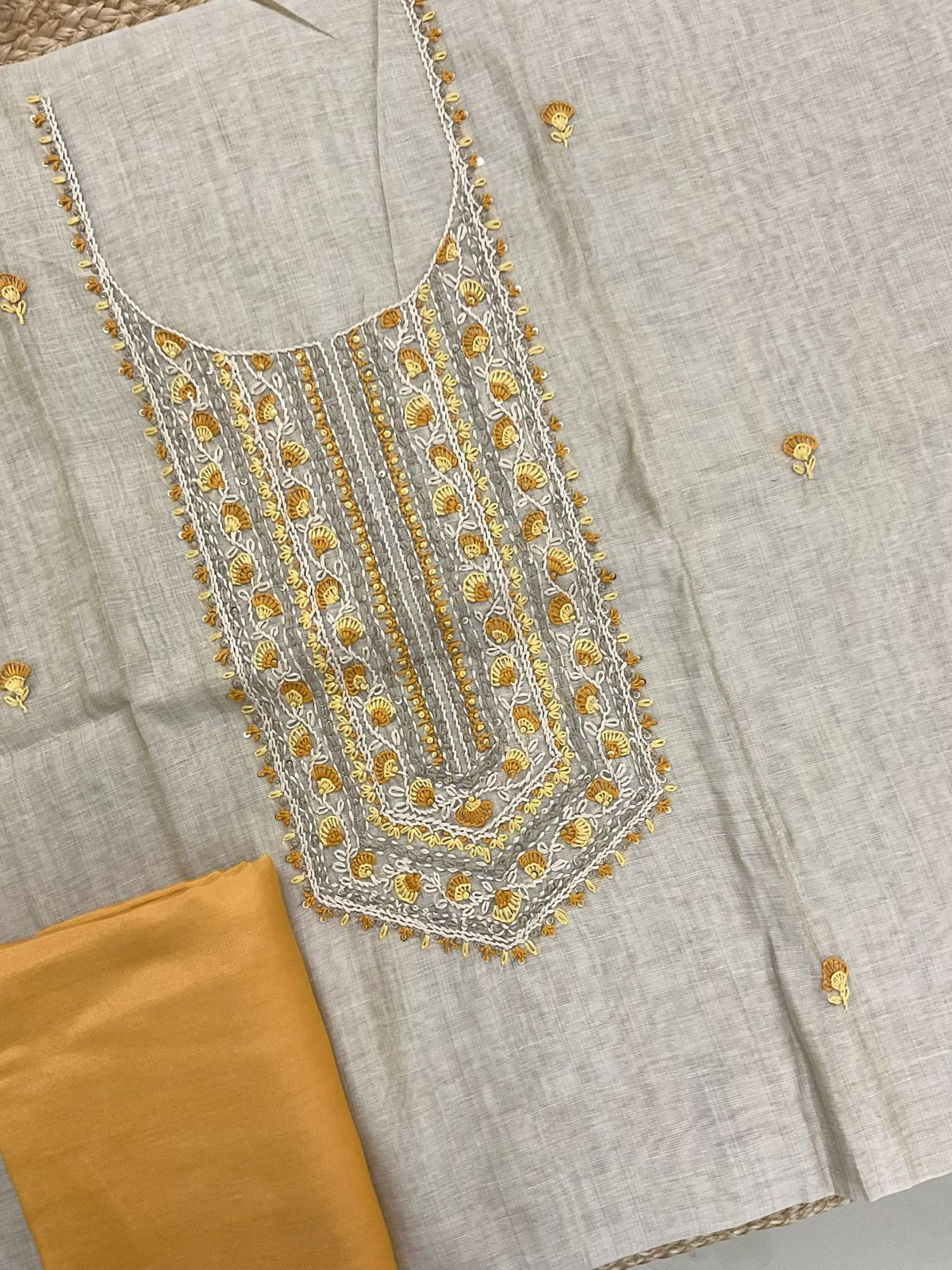 Soft Slub Chanderi Jamdani Weaved Embroidered Suit - Beige