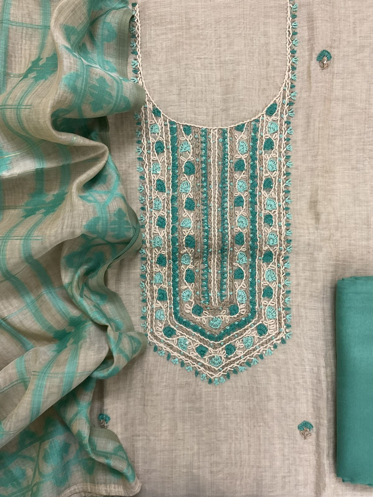 Soft Slub Chanderi Jamdani Weaved Embroidered Suit - Beige
