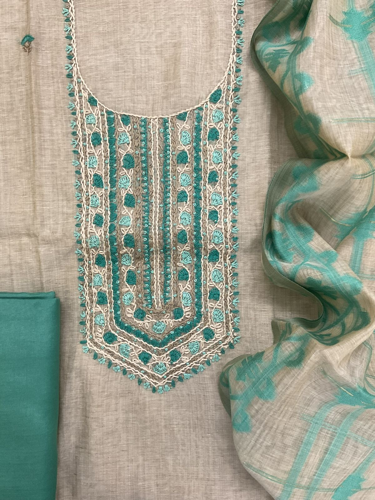 Soft Slub Chanderi Jamdani Weaved Embroidered Suit - Beige