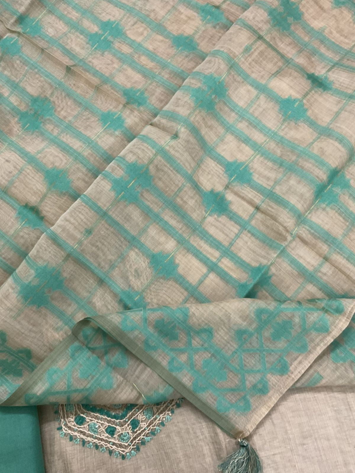 Soft Slub Chanderi Jamdani Weaved Embroidered Suit - Beige