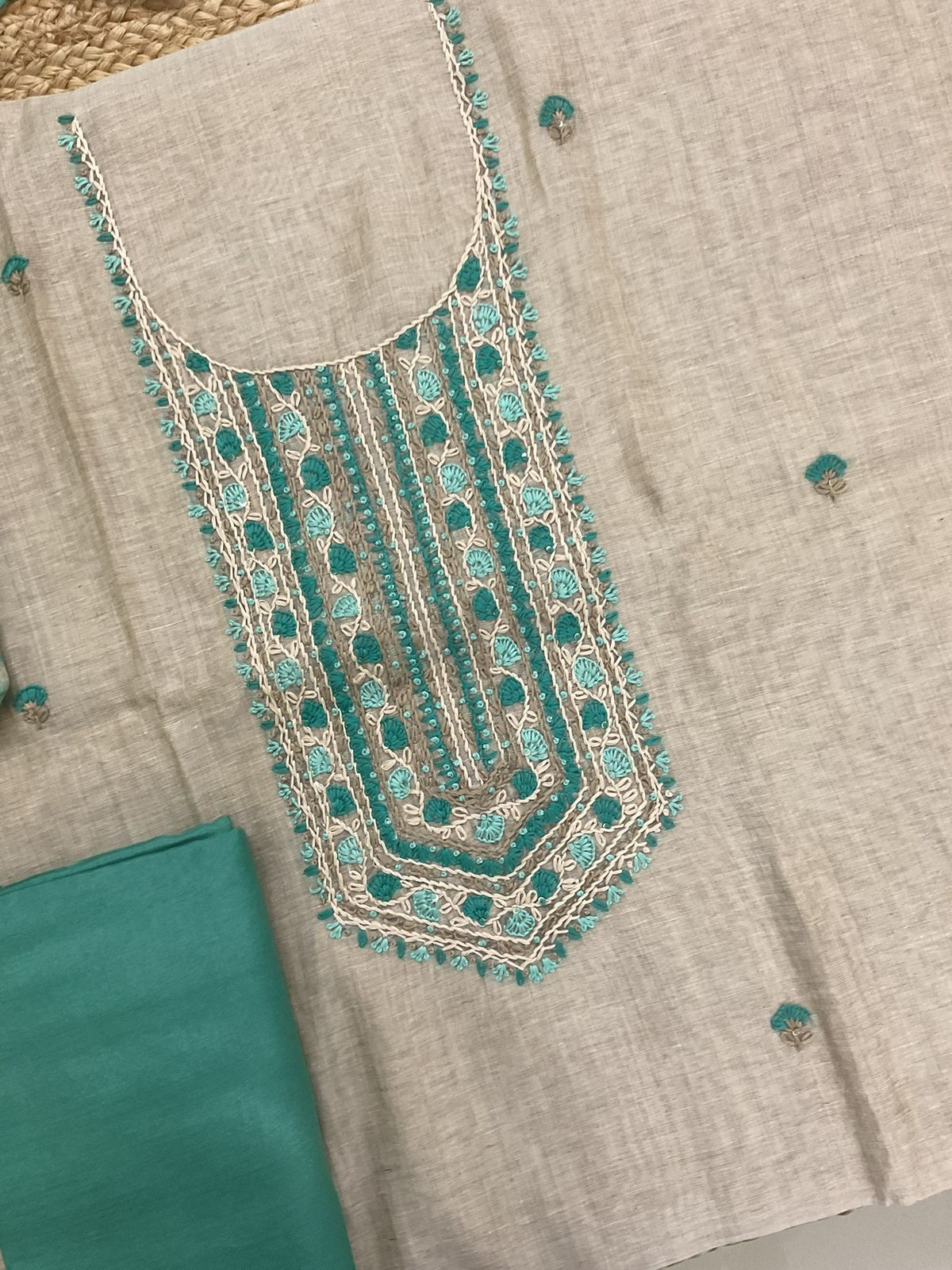 Soft Slub Chanderi Jamdani Weaved Embroidered Suit - Beige