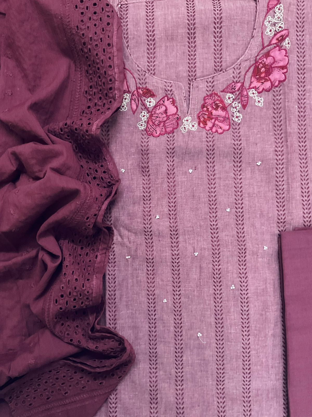 Pure Handloom Cotton Self Weaved Printed Embroidered Suit - Wine