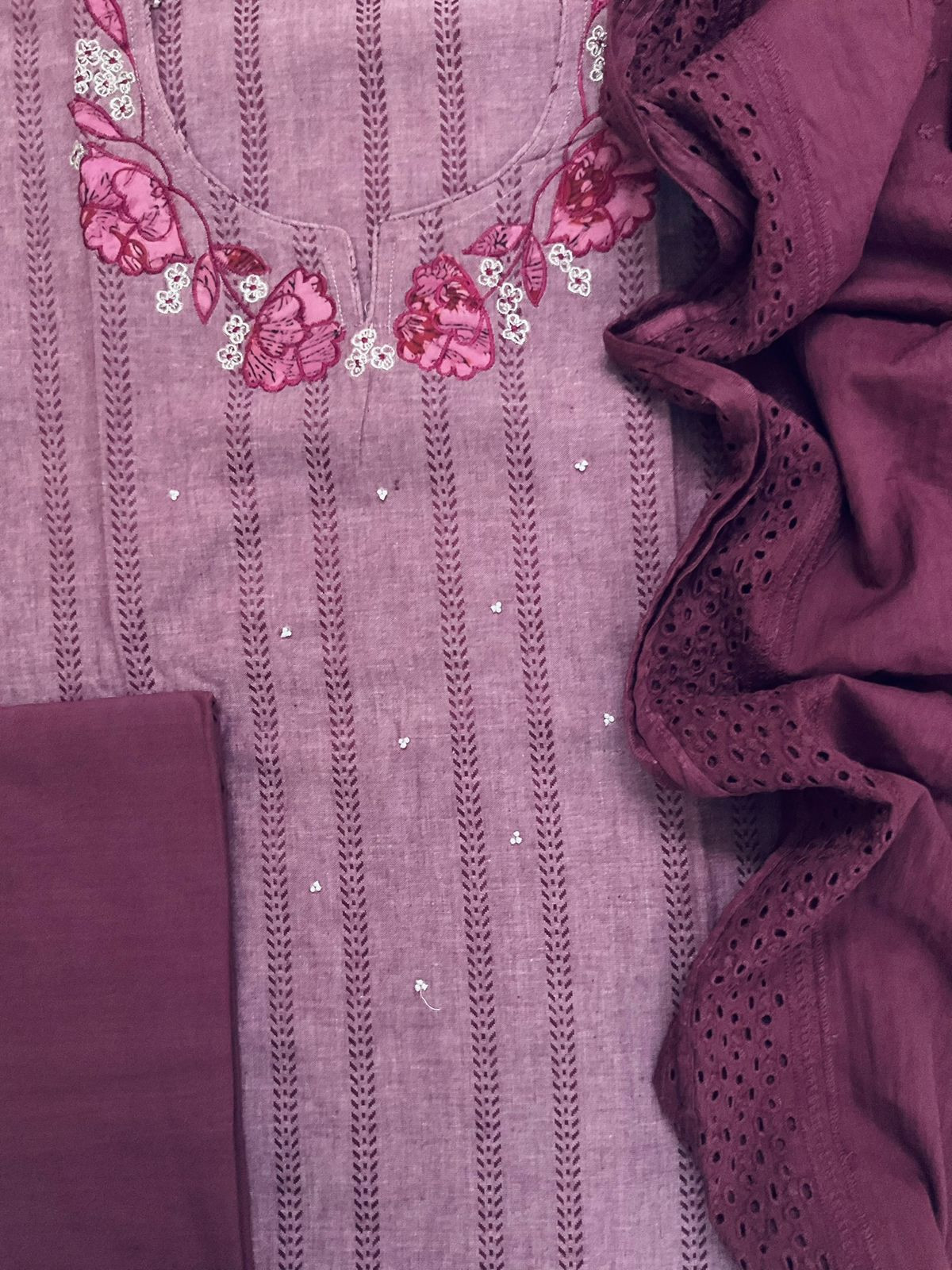Pure Handloom Cotton Self Weaved Printed Embroidered Suit - Wine