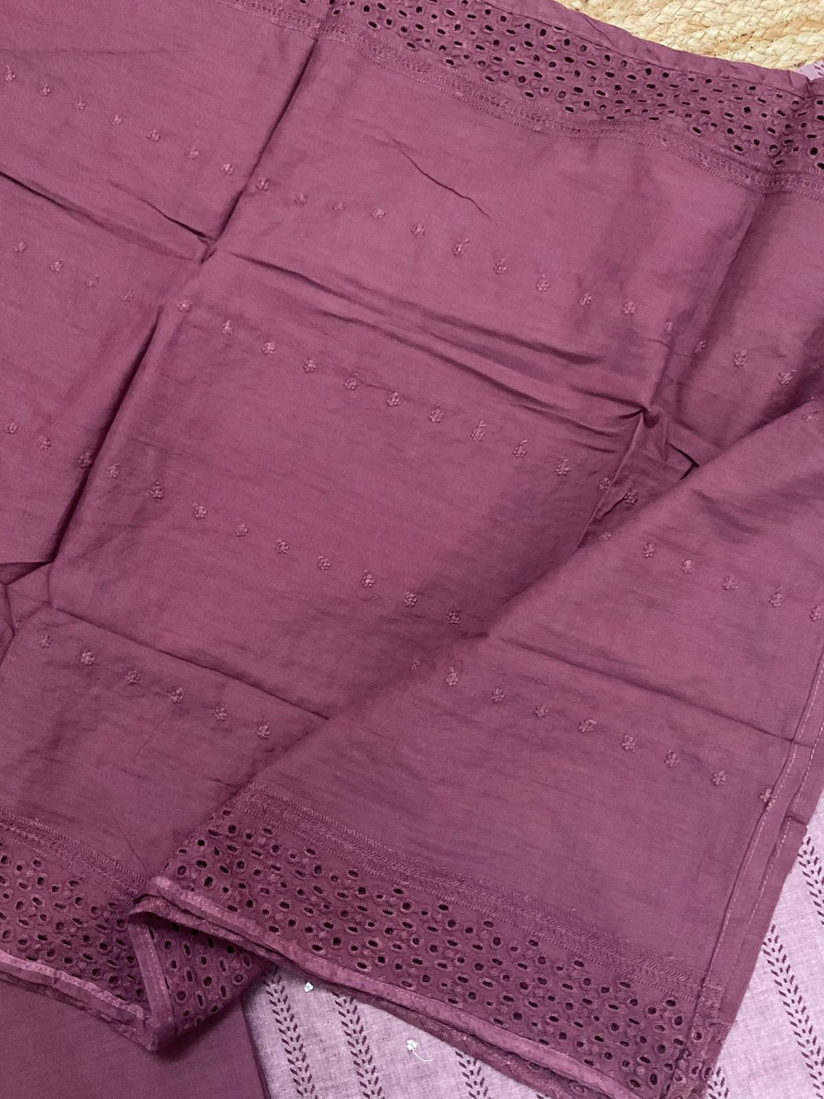 Pure Handloom Cotton Self Weaved Printed Embroidered Suit - Wine