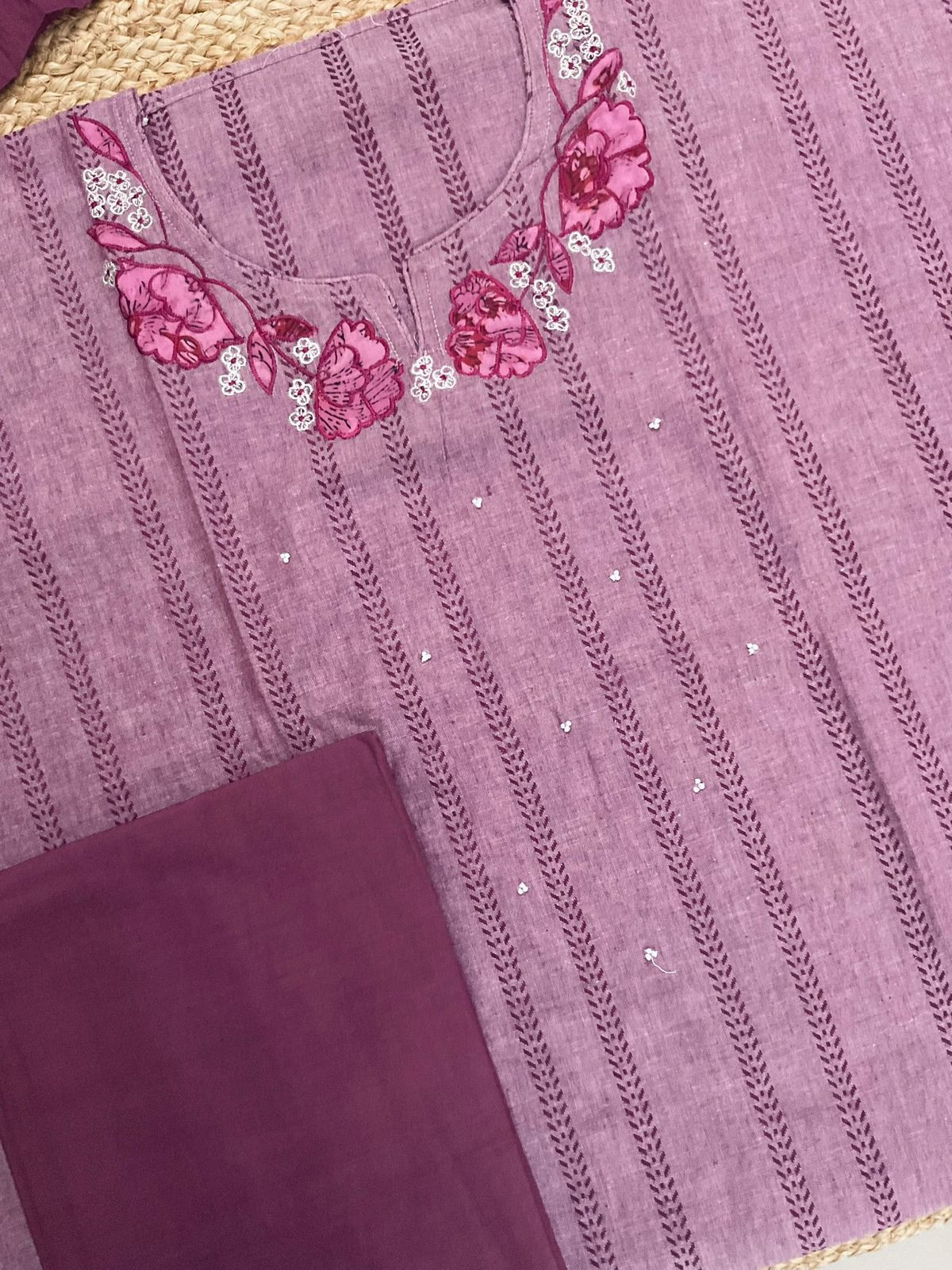 Pure Handloom Cotton Self Weaved Printed Embroidered Suit - Wine