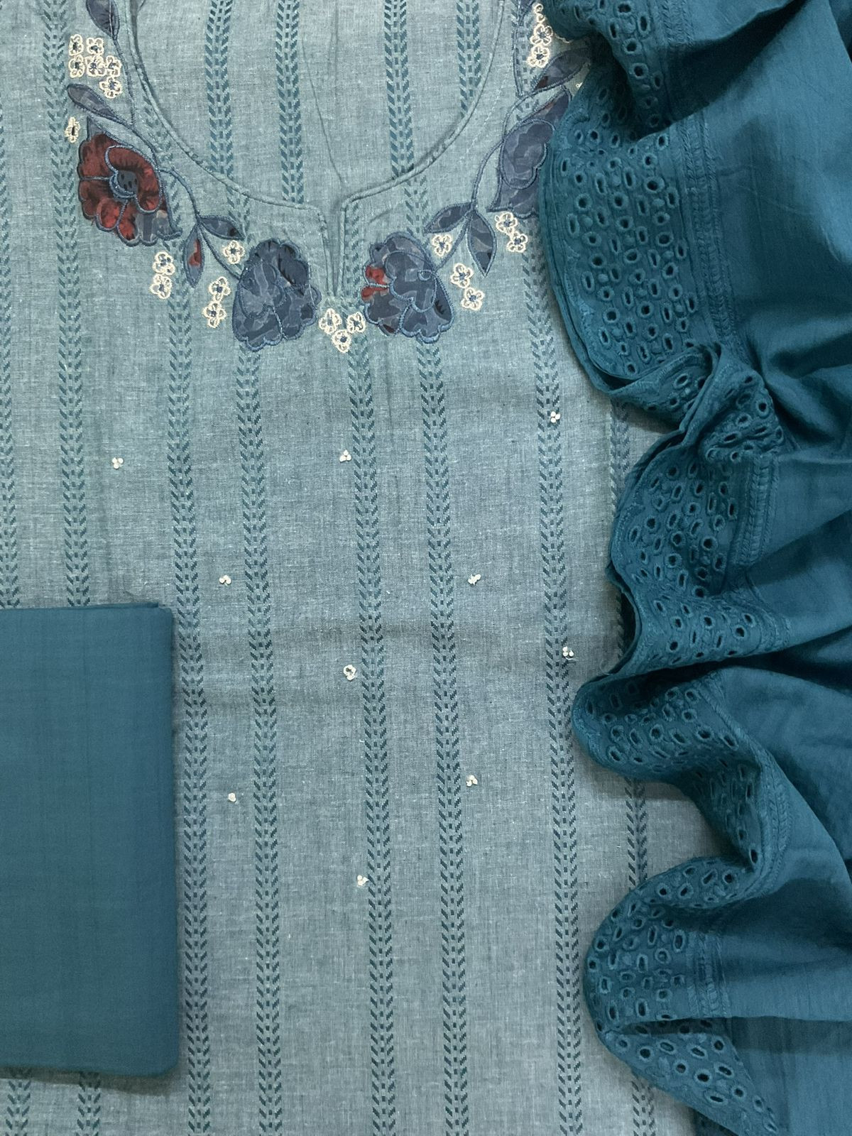 Pure Handloom Cotton Self Weaved Printed Embroidered Suit - Blue