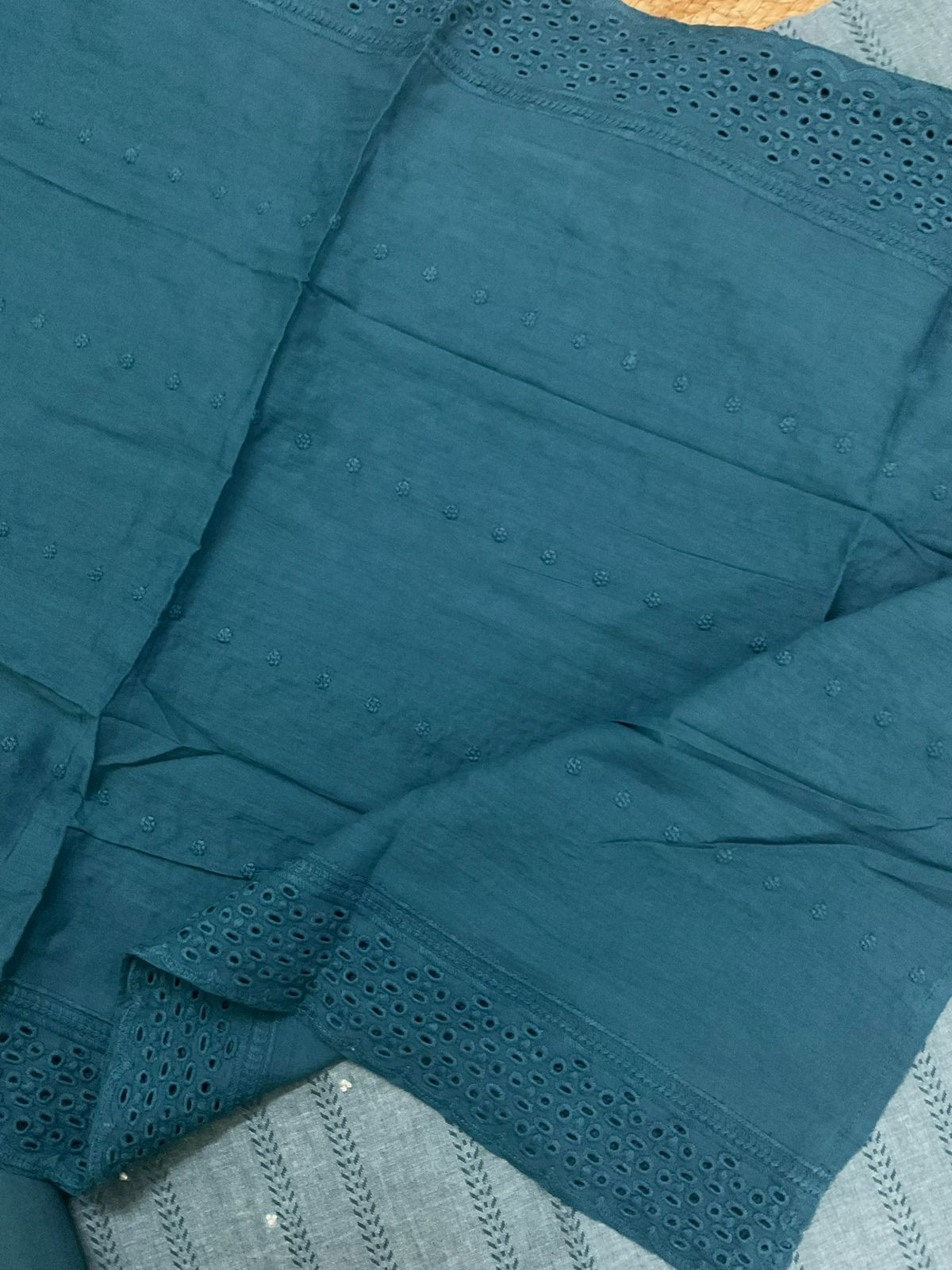 Pure Handloom Cotton Self Weaved Printed Embroidered Suit - Blue