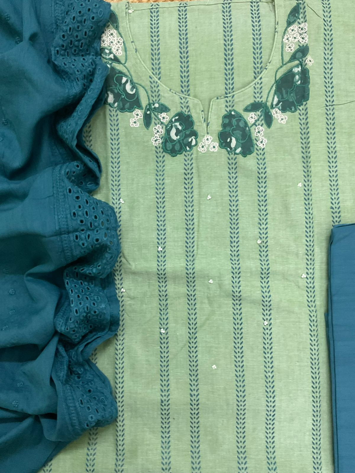 Pure Handloom Cotton Self Weaved Printed Embroidered Suit - Green