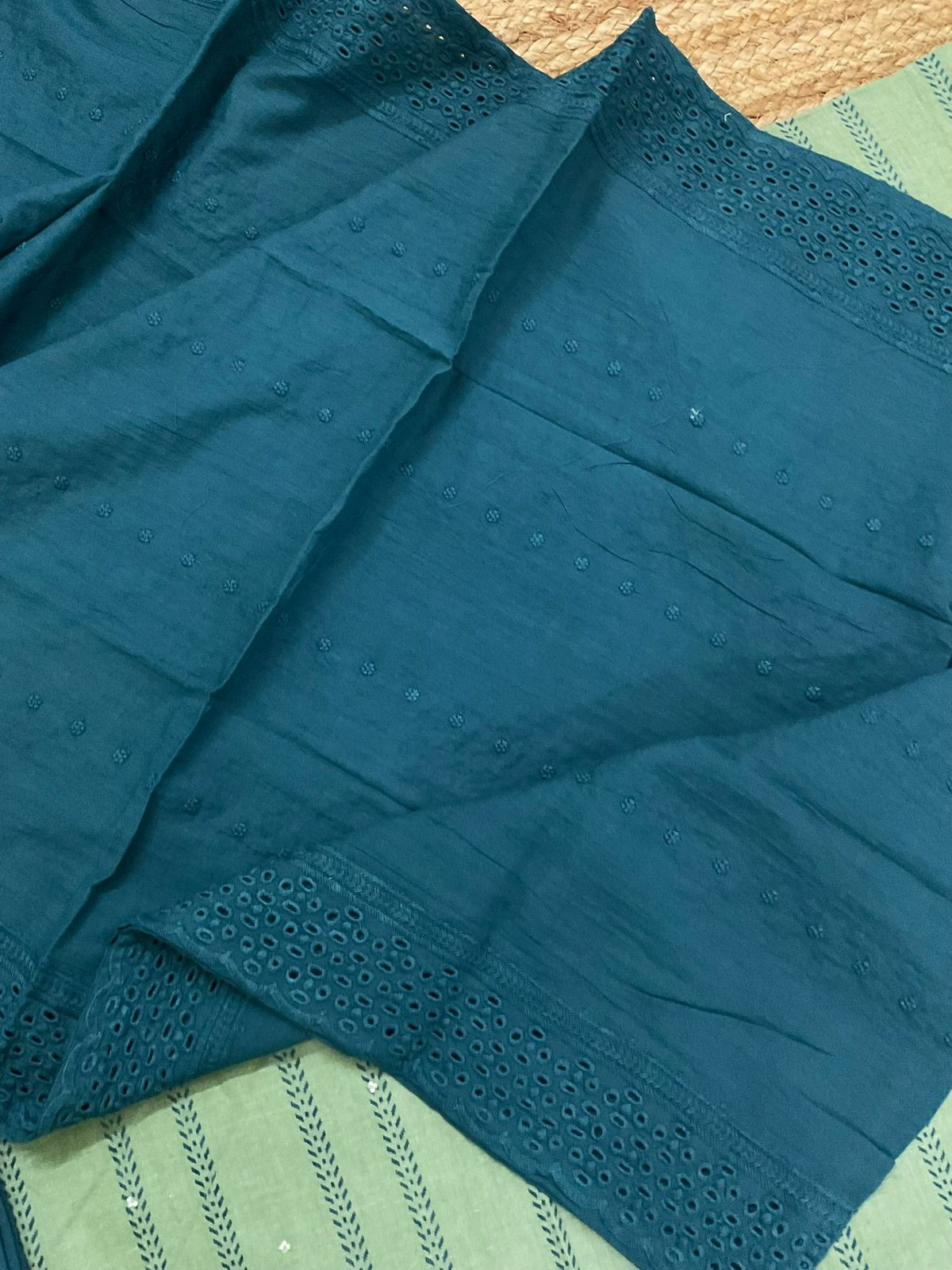 Pure Handloom Cotton Self Weaved Printed Embroidered Suit - Green