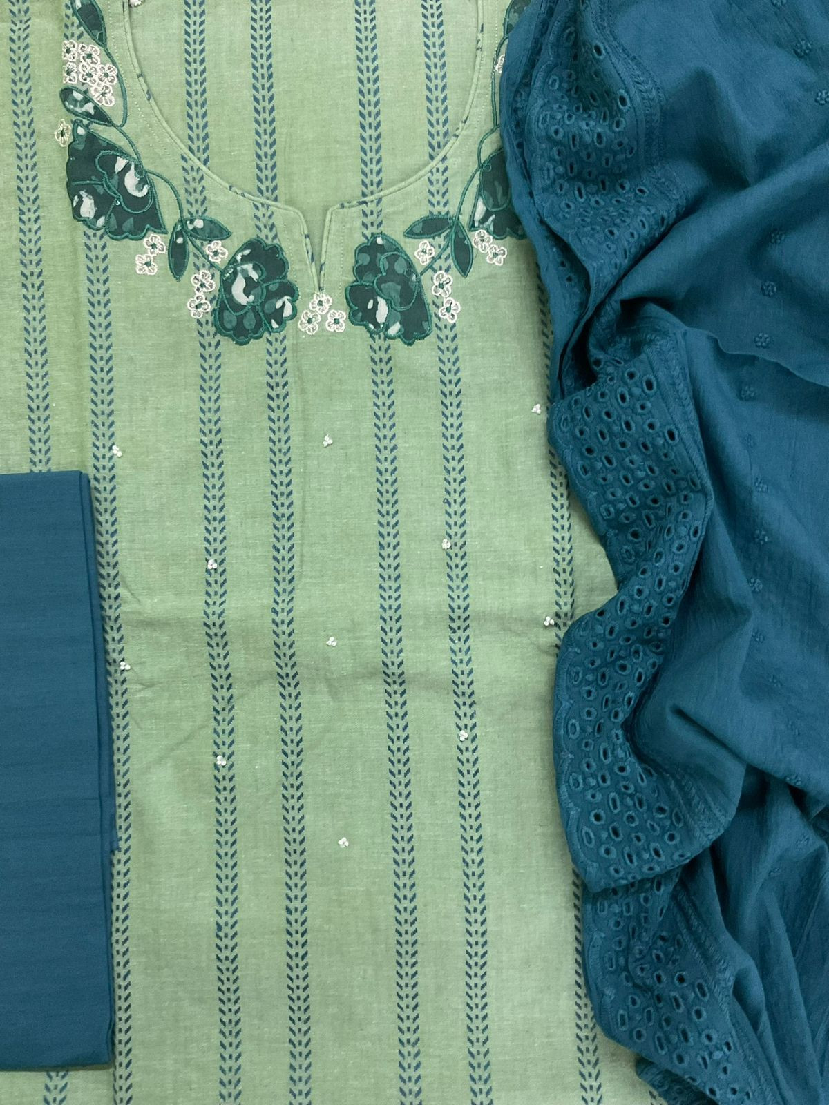 Pure Handloom Cotton Self Weaved Printed Embroidered Suit - Green