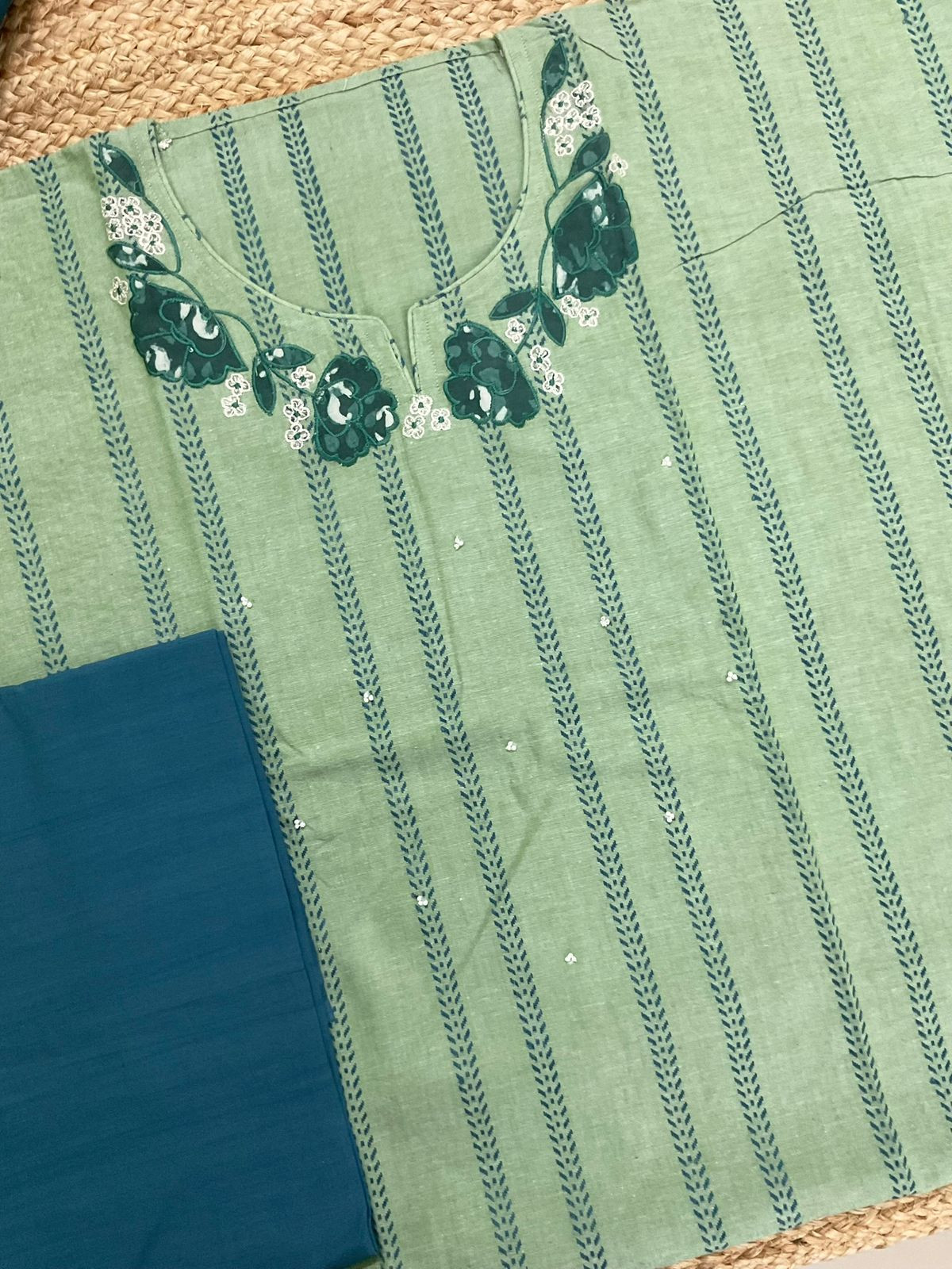 Pure Handloom Cotton Self Weaved Printed Embroidered Suit - Green