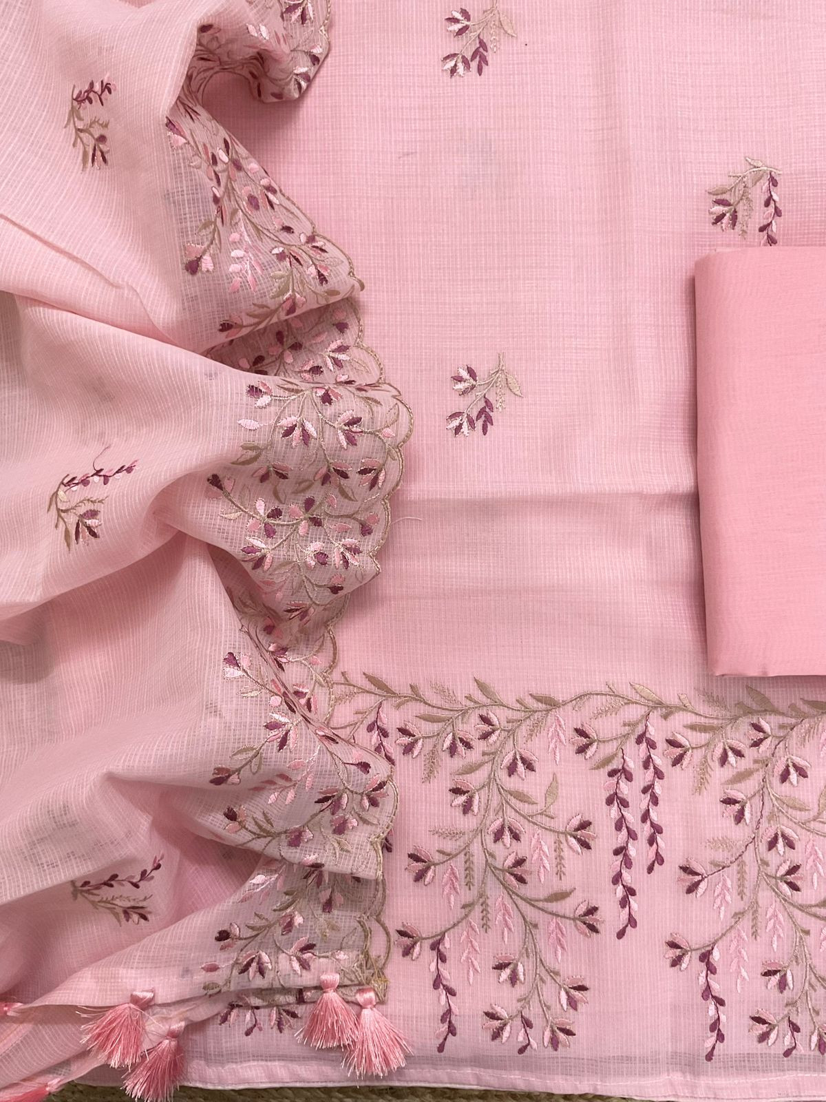 Soft Kota Silk Embroidered Suit - Peach