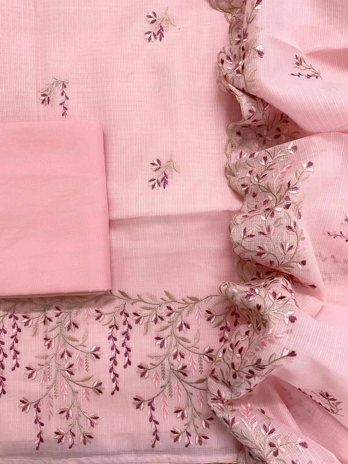 Soft Kota Silk Embroidered Suit - Peach