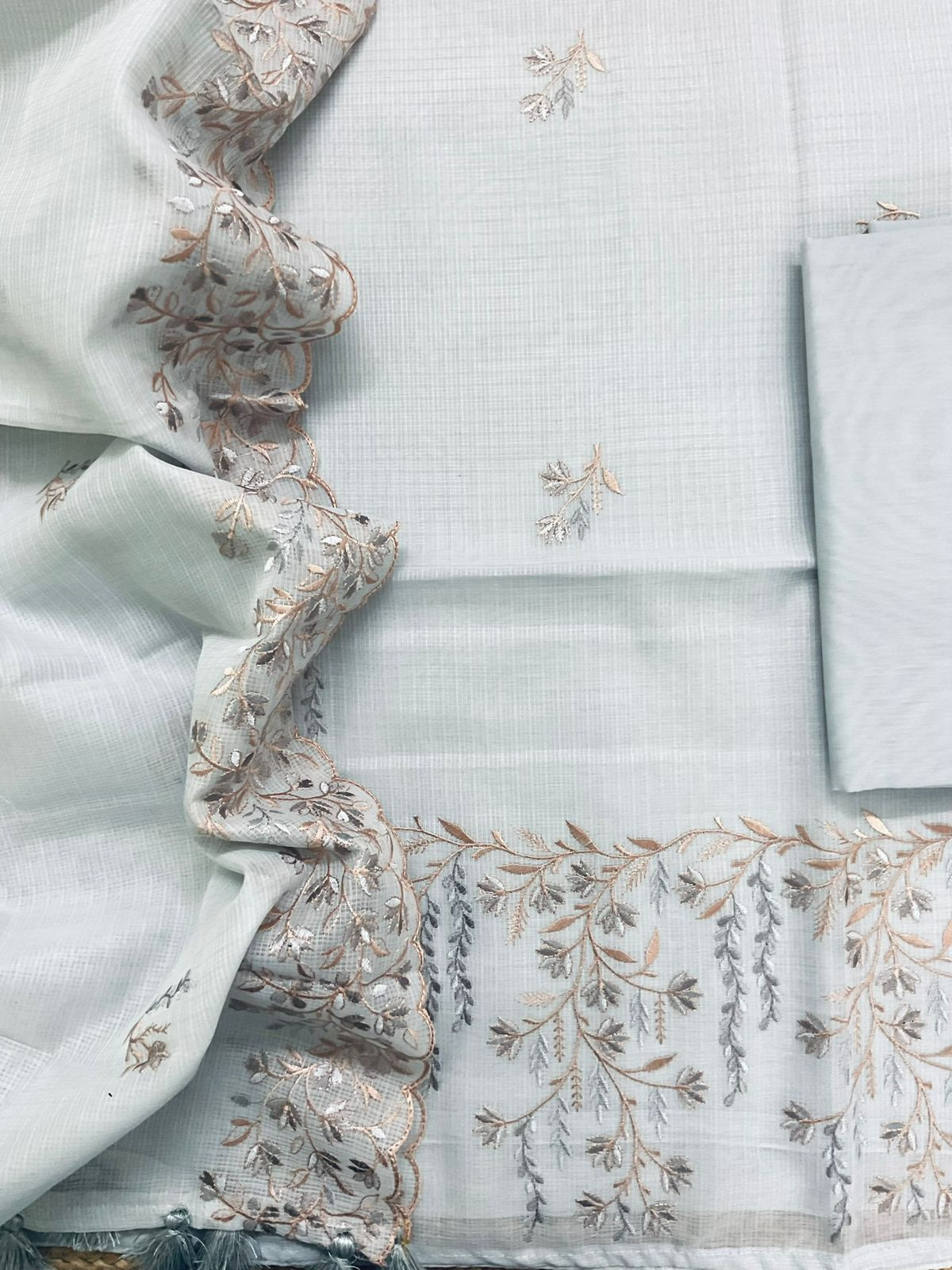 Soft Kota Silk Embroidered Suit - Grey